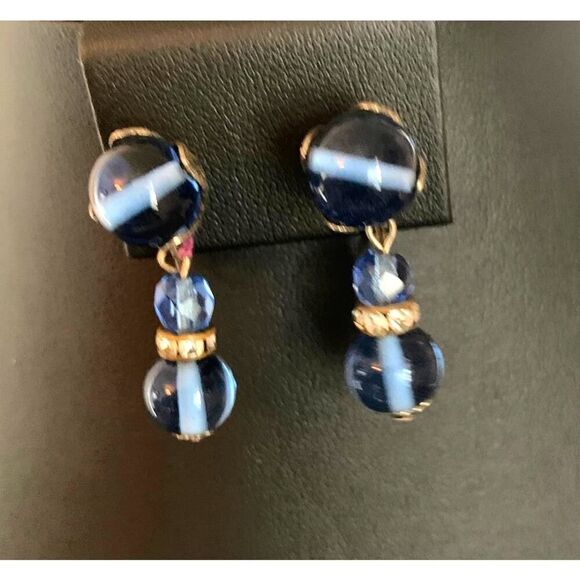 Blue glass Drop Clip earrings, in Silver, Vintage, Unmarked - Picture 1 of 4